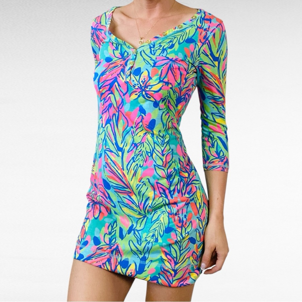 Lilly Pulitzer | Palmetto Dress Neon Multi Hot Spot 3/4 Sleeve Size Small